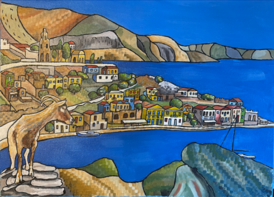 In search of Michael Mosley. Symi 2024. | Acrylic on canvas. 45 x 60 cms. July 20024.