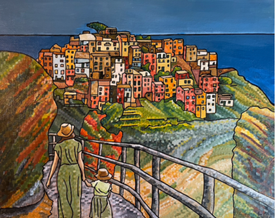 Walking the Cinque Terre. | Acrylic and pen on canvas. 50 x 60 cms. September 2024. Sold.