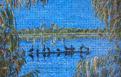 Lake Galup, with birds | Digital Mosaic on original acrylic painting. 60 x 45 cms. October 2025