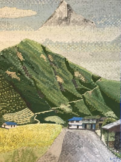Machapuchare (Fish Tail). Fond memories of Trekking in Nepal | Oil on canvas. 75 x 55cms. June 2021 Hanging in the Magic Momo restaurant Wembley.