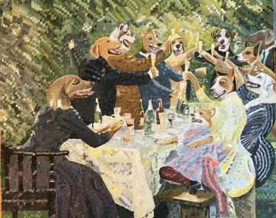 Dog and grog at Cowden Park. With apologies to Peder Severin Karayer. | Oil and acrylic on canvas. 50 x 60 cms. March 2023.