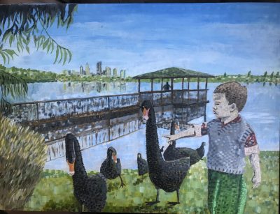 Angry swans | Oil and acrylic on canvas board. 45 x 60 cms. August 2023.