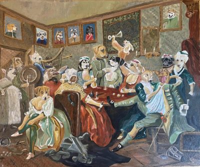 Dogs in a brothel (after Hogarth) | Oil and acrylic on canvas. 60 x 50 cms. December 2023.