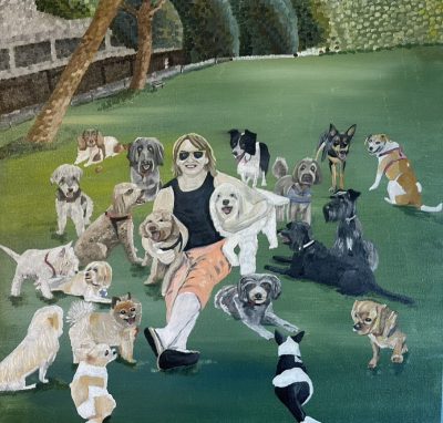 The Cowden Park dog whisperer and friends | Oil and acrylic on canvas. 50 x 50 cms. February 2024. Sold.