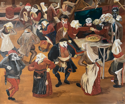 Wedding dance in a barn, Brueghel the Younger, with dogs. | Oil and acrylic on canvas, 50 x 60 February 2024. Sold.