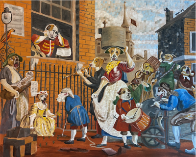 Hogarth’s Angry Musician, with dogs. | Oil and acrylic on canvas. 50 x 60 cms. March 2024. Sold.