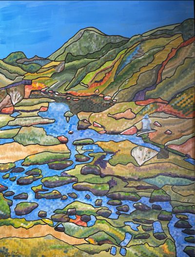 Hartz mountains, Tasmania, with Heather. | Acrylic on canvas. 60 x 45 cms. April 2025.